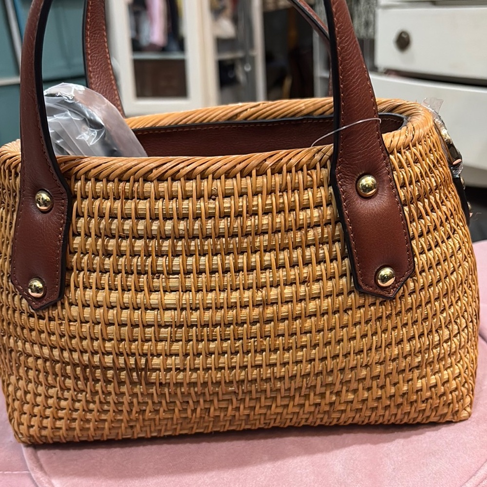 Pulicati Woven Straw Crossbody Bag with Brown Leather Trim NEW!!!!